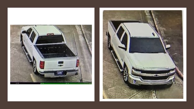 These additional views of the vehicle from security cameras show the blue plate cover that the perpetrator used to conceal the license plate on his vehicle. There appears to be no front plate at all.